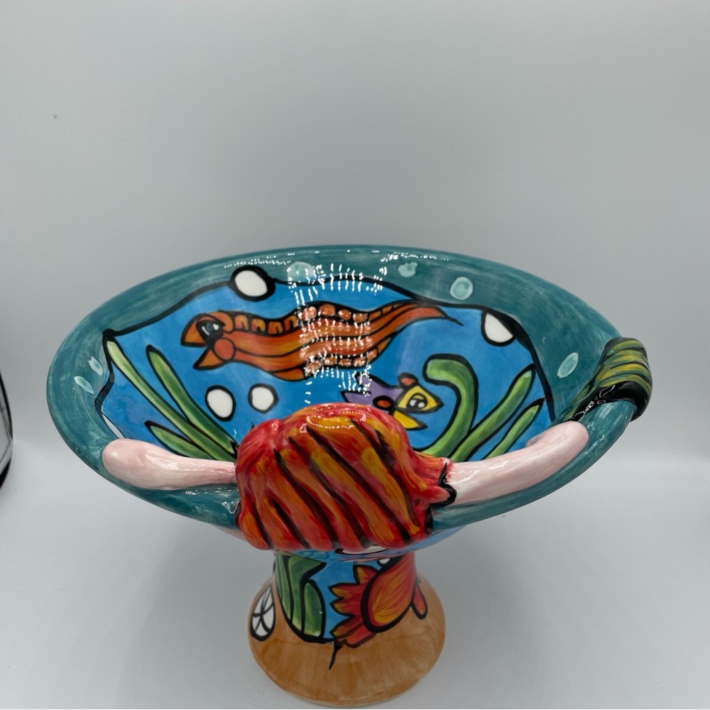Mermaid & Sea Creatures Large Pedestal Bowl 7"Tall x 10”Diameter Nicole Engblom - Picture 4 of 9